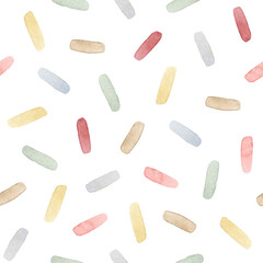 Watercolor seamless pattern with abstract multicolor strokes. Isolated on white background. Hand drawn clipart. Perfect for card, fabric, tags, invitation, printing, wrapping.