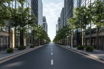 Trees and glass buildings line a modern street in the city, which is set beneath a clear blue sky on this day