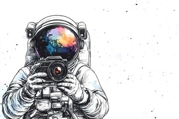 ink sketch style astronaut in a spacesuit and helmet holding retro camera in hands on white background with copy space