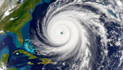 Hurricane swirling above ocean from satellite, destructive power