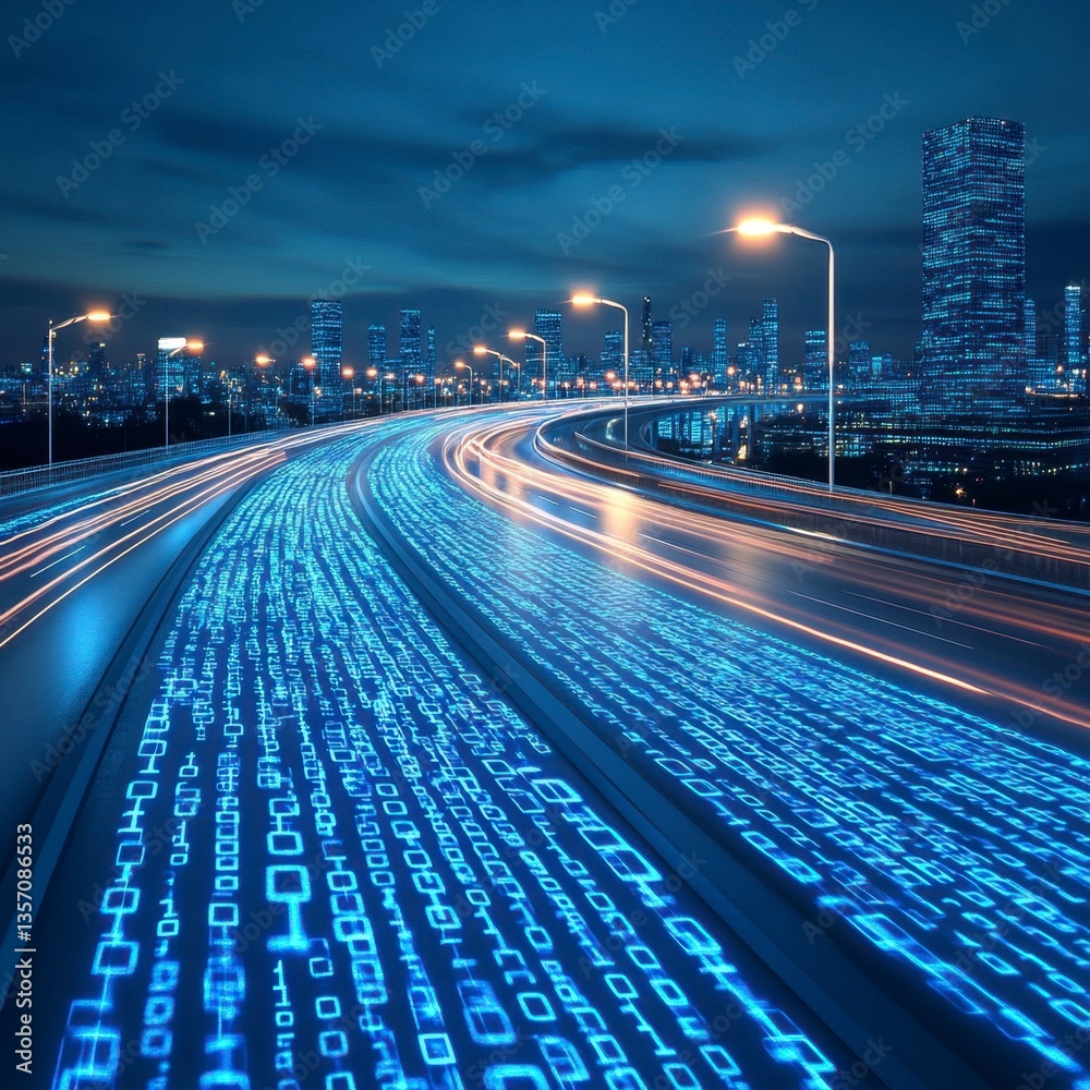 Wall mural glowing binary code streams across a nighttime highway, leading towards a modern cityscape. blue dig