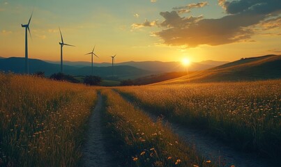 A scenic sunset over a field of golden wheat with wind turbines in the distance, a pathway leading towards the sun