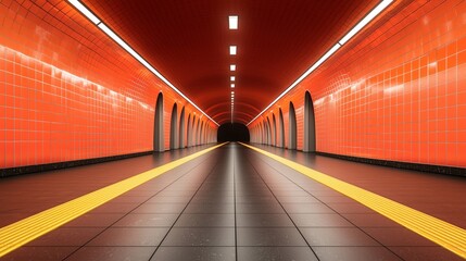 Fototapeta premium The modern subway tunnel boasts vibrant red walls accompanied by lighting