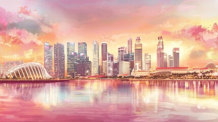 Obraz premium A vibrant reflection of the city skyline at sunset showcases an artistic approach to urban design