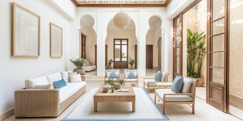 A chic and airy riad with soft beige and white mosaic walls, a glass-ceiling atrium allowing beams of sunlight to flood in, and handwoven cushions in soft blues and greens.