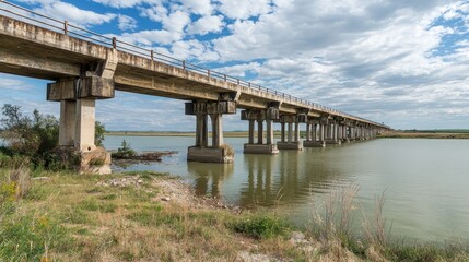 Fototapeta premium Long Concrete Bridge Spanning a Calm River under a Cloudy Sky