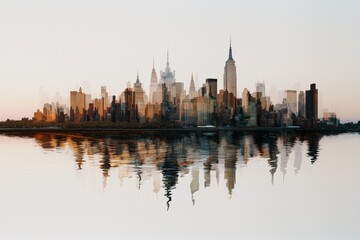 Obraz premium At sunset, the abstract urban landscape is dominated by a panorama of modern skyscrapers