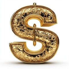 Obraz premium Ornate golden dollar sign, 3D render, isolated on white background. Intricate detailing and luxurious texture.