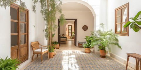 A Moroccan Riad: Mosaic Floors and Vibrant Ceramic Planters Filled with Lush Greenery in a Serene Courtyard