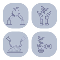 Four line icons of robotic hands nurturing nature. Robotic hands handling piece of meat, heart-shaped apple and plants