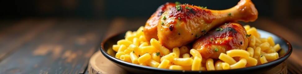 Smoky roasted chicken drumsticks served with cheesy macaroni noodles, pasta, tasty, macaroni