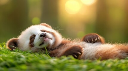 Sleepy baby panda resting in grassy forest at sunrise