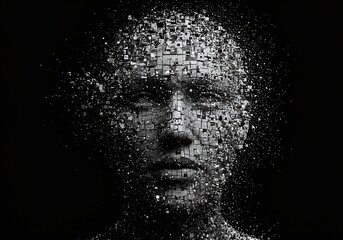Digitized Portrait: A captivating digital mosaic of a person's face, rendered in monochrome shades, evokes a sense of both artistic beauty and technological complexity.