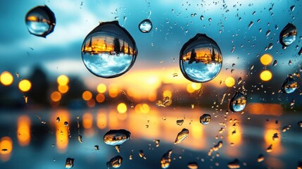 Rain drops on glass reflecting city sunset