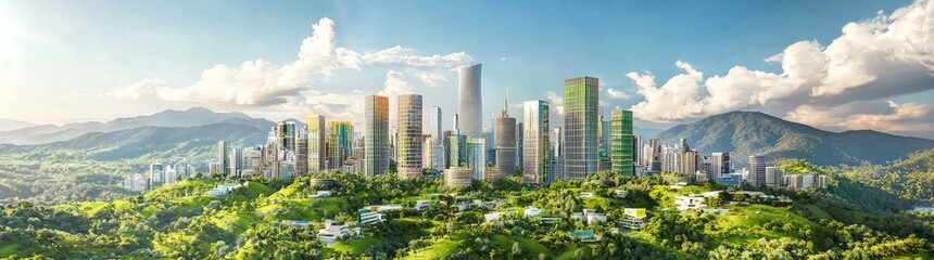 The idea of a green planet is represented by a cityscape intertwining with lush vegetation as the sun sets