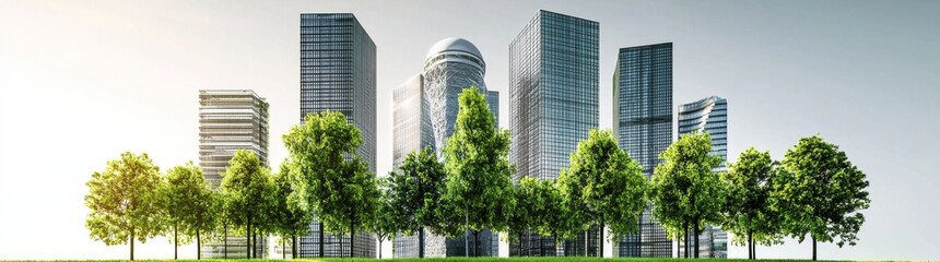 Fototapeta premium A green planet is envisioned through the fusion of an urban skyline with lush greenery at sunset