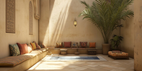 A Moroccan Riad: Mosaic Floors and Vibrant Ceramic Planters Filled with Lush Greenery in a Serene Courtyard