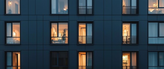 The building boasts a modern design with sleek lines, closed windows, and a minimalist approach that reflects its urban surroundings