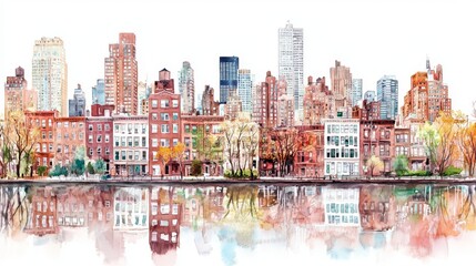 Obraz premium Red brick buildings and modern skyscrapers are beautifully reflected on water in a vibrant and artistically presented urban landscape illustration