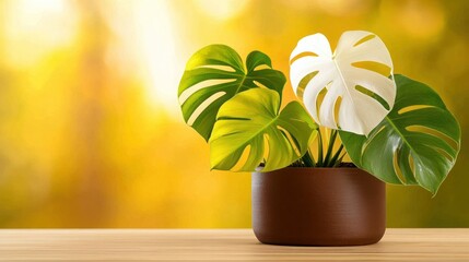 Indoor Monstera plant in terracotta pot, autumnal bokeh background, suitable for home decor