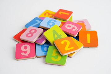 Obraz premium Number wood block cubes for learning Mathematic, education math.