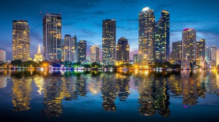 Naklejka premium A tranquil night scene in an Asian city, complete with a river reflection, urban skyline, boats, and city lights, is often depicted in tourism and advertising materials