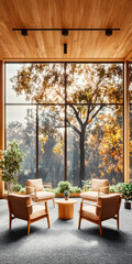 Fototapeta premium Cozy seating area with a view of autumn trees in a modern interior setting