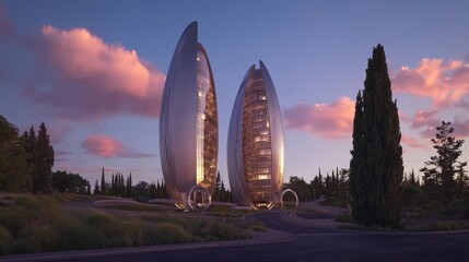 Tall buildings and an artistic structure are prominently featured in the cityscape at sunset, with a colorful sky overhead