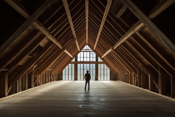 Spacious Empty Attic Interior with Natural Light and Wooden Beams