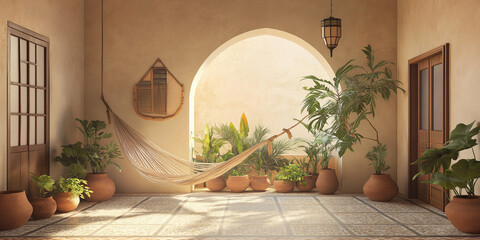 A Moroccan Riad: Mosaic Floors and Vibrant Ceramic Planters Filled with Lush Greenery in a Serene Courtyard