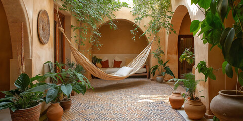 A Moroccan Riad: Mosaic Floors and Vibrant Ceramic Planters Filled with Lush Greenery in a Serene Courtyard