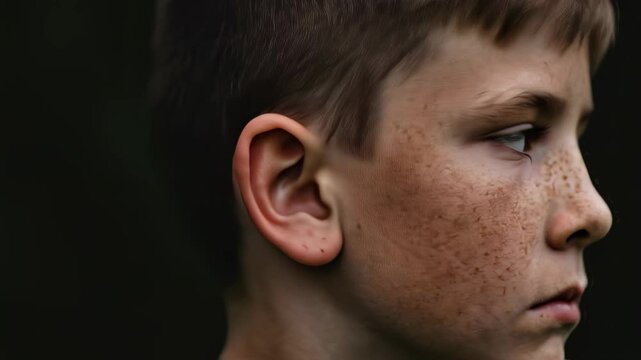 Close-up portrait of freckled boy with serious expression looking directly at camera against dark natural background, highlighting emotion and individuality