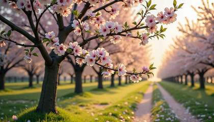 Artistic apple tree branches covered in blossoms arching over a winding garden path, with falling petals illuminated by soft golden sunset light for a magical springtime scene