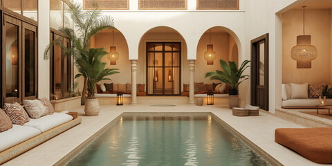 A Moroccan Riad: Mosaic Floors and Vibrant Ceramic Planters Filled with Lush Greenery in a Serene Courtyard