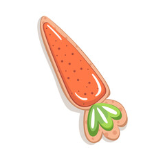 Cute Easter Cookie shaped Carrot. Cookie is decorated with icing in pastel shades. Festive sweet pastries. For greeting cards, packaging, festive menu. Cute vector cartoon illustration.
