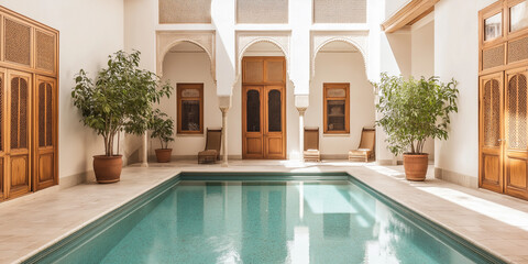 A Moroccan Riad: Mosaic Floors and Vibrant Ceramic Planters Filled with Lush Greenery in a Serene Courtyard