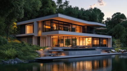 3d rendering of modern house by the river house, luxury, villa, modern, architecture, building, exterior, residential, property, designer