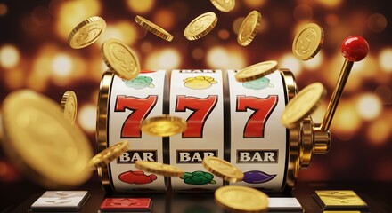 Lucky Spin: A close-up captures a classic slot machine with the winning combination "777," symbolizing a jackpot as golden coins cascade around.