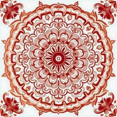 A red and white tile with a flowery design. The flower is in the center of the tile