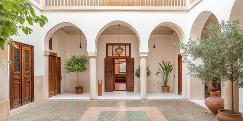 A Moroccan Riad: Mosaic Floors and Vibrant Ceramic Planters Filled with Lush Greenery in a Serene Courtyard