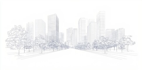 Illustration of an urban street scene with skyscrapers and foliage