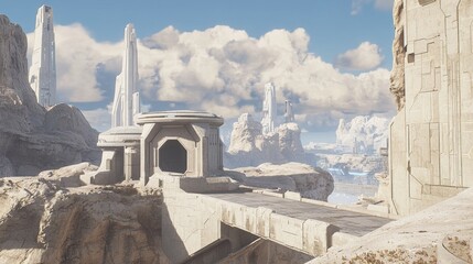 The cityscape of the future features massive skyscrapers and a gloomy atmosphere under cloudy skies, characteristic of dystopian urbanism