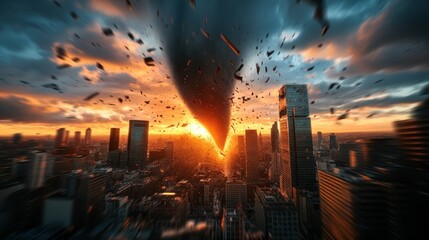 Epic urban twister sunset city destruction