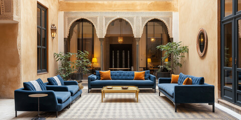 An exotic royal-style riad, with gold-inlaid mosaic flooring, deep blue velvet furniture