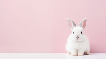 Fototapeta premium cute animal pet rabbit or bunny white color smiling and laughing isolated with copy space for easter background, rabbit, animal, pet, cute, fur, ear, mammal, background, celebration, generate by AI