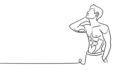 Sculpted pumped up body. Sport man narcissist, admires himself on white background. Sport guy model line art drawing. Vector illustration