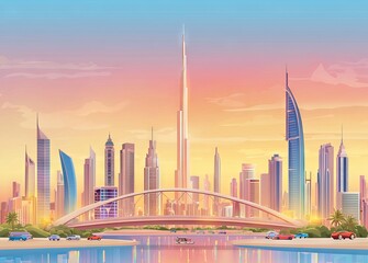 Obraz premium The illustration of a stylized cityscape captures the essence of urbanity with its modern buildings and the warm hues of a sunset over a thriving city
