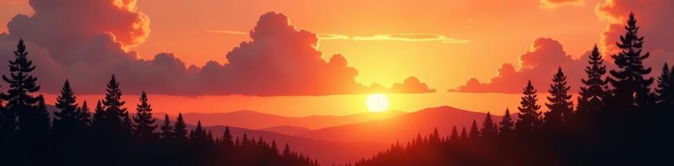 Soft orange hues reflecting off fluffy clouds, with sun setting behind silhouette of trees, sky, background, hues