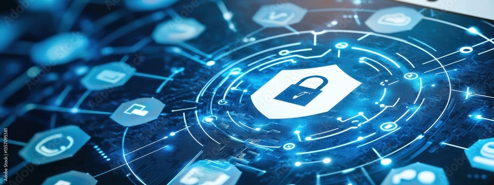 Poster digital cybersecurity concept with padlock and networking elements