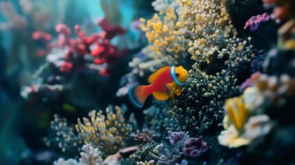 Obraz premium Colorful Fish In Vibrant Coral Reef Underwater Scene; Marine Life Photography Featuring Tropical Fish in A Coral Reef Habitat. Aquatic Wildlife and Coral Reef Ecosystem; Underwater Photography
